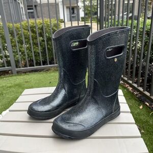 Bogs Rain Boots Youth Size 5 Black Glitter Waterproof Pull On Handles EU 37